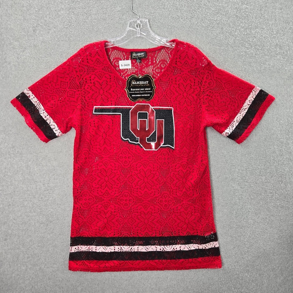 Oklahoma Sooners Women Top M Red Lace Jersey Rhinestones Gameday Couture‎ NWT